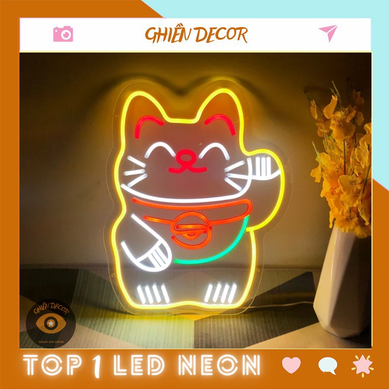 Đèn trang trí led neon sign hình MÈO THẦN TÀI, Decor Cửa Hàng